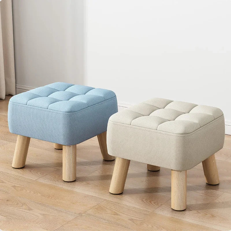 Round Footrest Stool Linen Fabric Padded Seat Pouf with Non-Skid Wooden Legs Living room Furniture