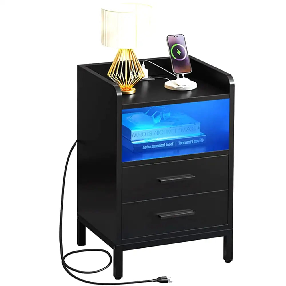 Side Table with Charging Station, 3-Drawer LED Light Bedside Living Room Small Space, Black