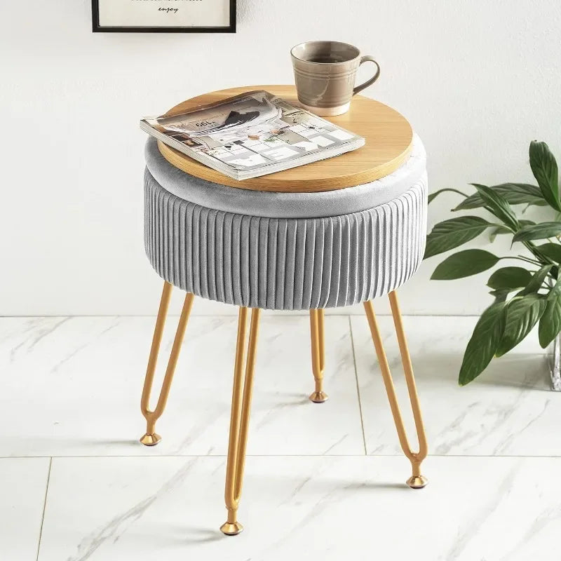 Grey Vanity Stool with Gold Legs,18” Height, Small Storage Ottoman Foot Ottoman Rest for Living Room